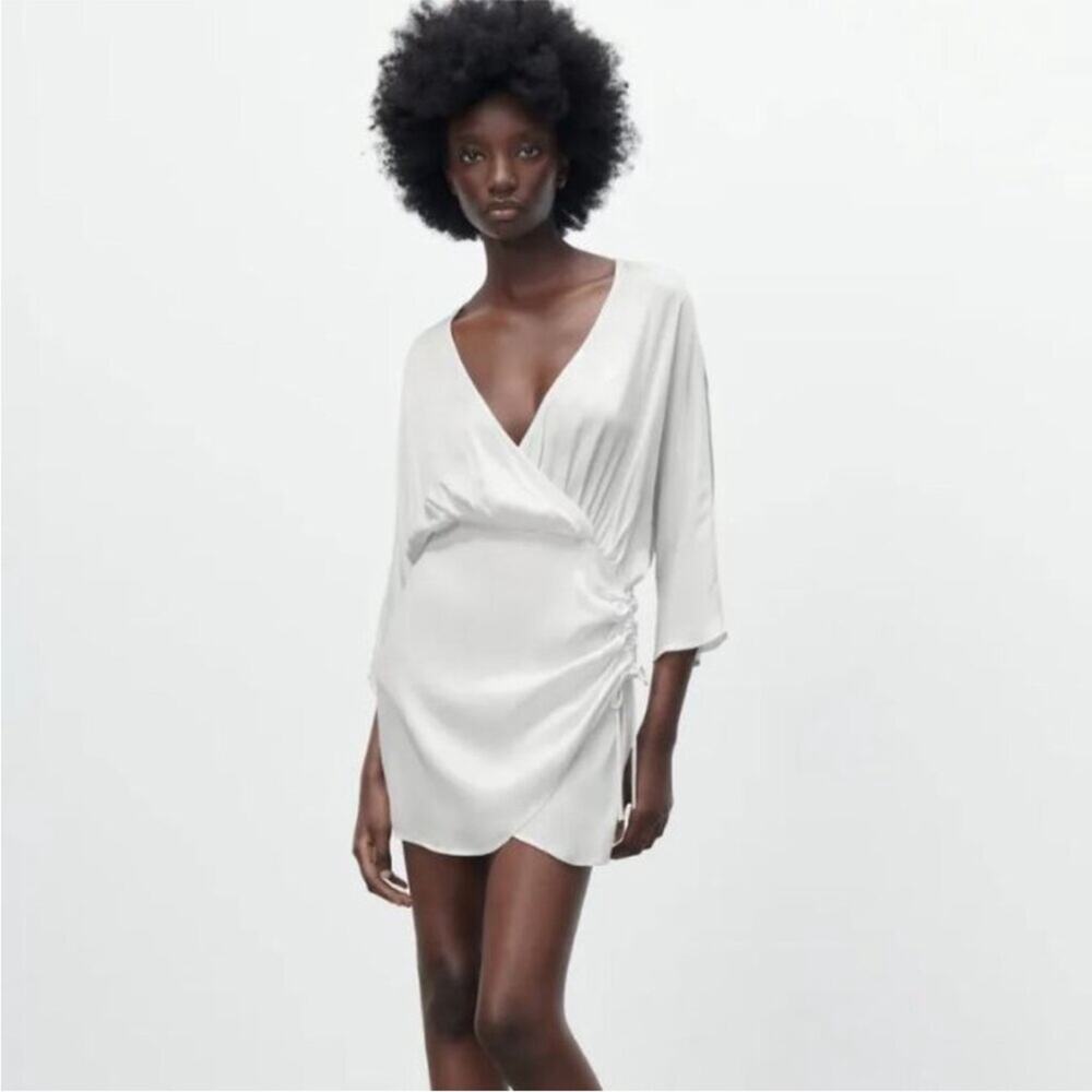 Zara White Mini Dress Japanese Sleeve Gathered Faux Wrap Skirt Deep V Small